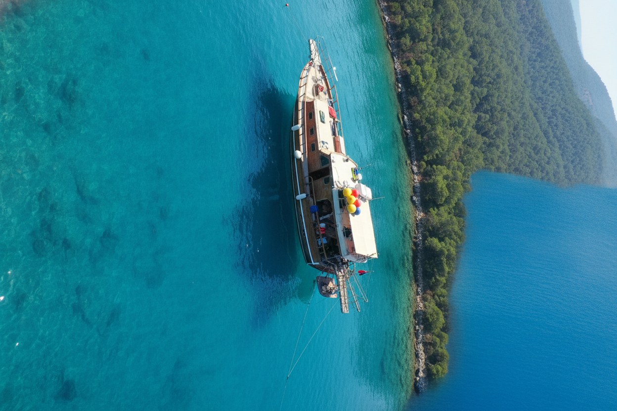 Saros koyunda demirlemiş ahşap dalış teknesi